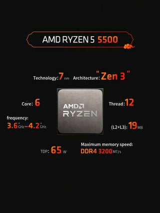 AMD المعالج سطح المكتب Ryzen 5 5500 بتردد أساسي 3.6جيجاهرتز، 6 أنوية، 12 خيط، المقبس AM4، بدون رسوميات مدمجة، للحاسوب العالي المواصفات وعشاق الألعاب، بدون مروحة مبرد ولا علبة