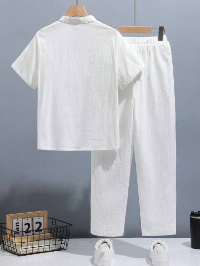 SHEIN قميص وسروال فضفاض كاجوال للأولاد بلون سادة وياقة مدببة وأكمام قصيرة من Tween قطعتان/المجموعة