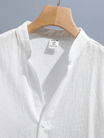 SHEIN قميص وسروال فضفاض كاجوال للأولاد بلون سادة وياقة مدببة وأكمام قصيرة من Tween قطعتان/المجموعة