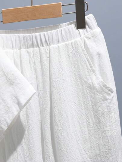 SHEIN قميص وسروال فضفاض كاجوال للأولاد بلون سادة وياقة مدببة وأكمام قصيرة من Tween قطعتان/المجموعة