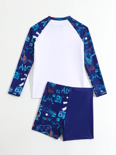 مايوه أولادي طقم ملابس سباحة طويل الأكمام للأولاد المراهقين يتميز بتصميم حرف يحمل مقبض اللعبة مطبوعًا على القميص بأكمام راجلان.