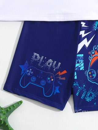 مايوه أولادي طقم ملابس سباحة طويل الأكمام للأولاد المراهقين يتميز بتصميم حرف يحمل مقبض اللعبة مطبوعًا على القميص بأكمام راجلان.