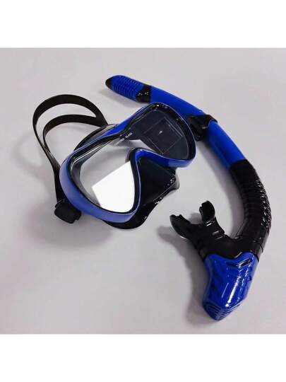 نظارات غطس وسباحة وتنظيم التنفس للكبار بلون أزرق غامق مع أنبوب التنفس وعدسة مانعة للضباب ، تجهيزات سباحة لإجازة شاطئية صيفية