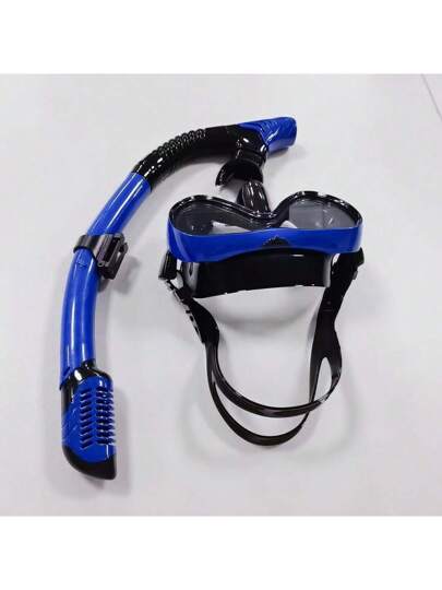 نظارات غطس وسباحة وتنظيم التنفس للكبار بلون أزرق غامق مع أنبوب التنفس وعدسة مانعة للضباب ، تجهيزات سباحة لإجازة شاطئية صيفية