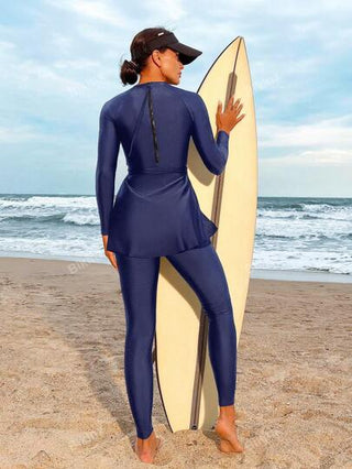 Bikinx طقم ملابس سباحة بوركيني موحد اللون بأكمام طويلة وبكسرات خصر وبناطيل للذهاب إلى الشاطئ في الصيف
