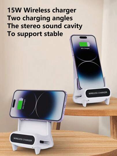 شاحن السريع اللاسلكي بقدرة 15 واط، بتصميم إبداعي جديد على شكل كرسي صغير، قاعدة متعددة الوظائف لتثبيت الهاتف والكمبيوتر اللوحي، سماعة لاسلكية متوافقة مع أجهزة الشحن اللاسلكي القياسية Qi ، مناسب للهواتف العاملة بنظام الأندرويد ومتوافق مع سلسلة أجهزة 8/X/11/