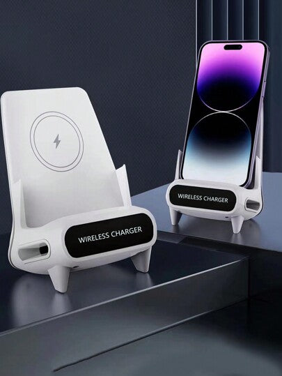 شاحن السريع اللاسلكي بقدرة 15 واط، بتصميم إبداعي جديد على شكل كرسي صغير، قاعدة متعددة الوظائف لتثبيت الهاتف والكمبيوتر اللوحي، سماعة لاسلكية متوافقة مع أجهزة الشحن اللاسلكي القياسية Qi ، مناسب للهواتف العاملة بنظام الأندرويد ومتوافق مع سلسلة أجهزة 8/X/11/