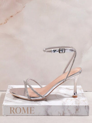 L'Amorae كعب عالي بنسق شرائط متداخلة على الكاحل ومرصع براينستون للنساء ذي رؤوس مدورة