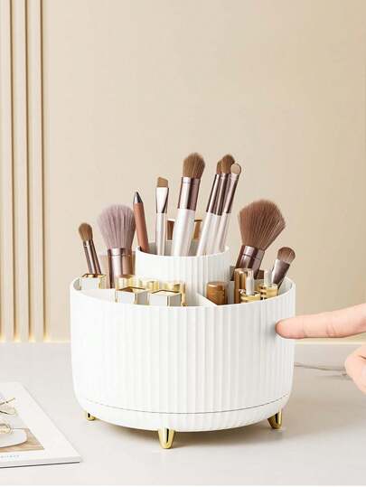 أسطوانة تخزين فرش المكياج المستديرة لسطح المكتب بحامل منظم مستحضرات التجميل للطاولة مع مساحات تخزين متعددة لفرشاة العين و حامل أحمر الشفاه، ديكور للمنزل وطاولة الزينة تخزين