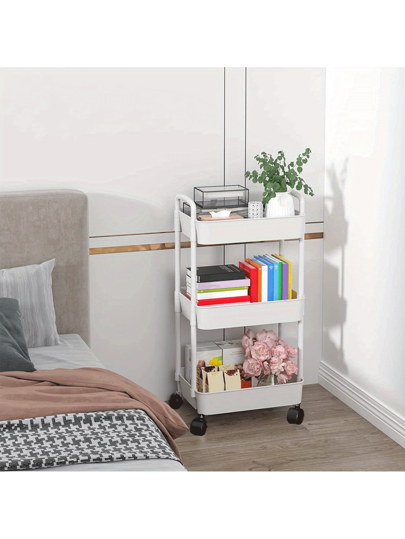 أثاث مكتبي 1 قطعة رف أرضي للتخزين من 3/4 طبقات، رف بلاستيك عملي مزود بمقابض وعجلات، عربة منظم متحركة للمطبخ والغرفة المعيشية والمكتب