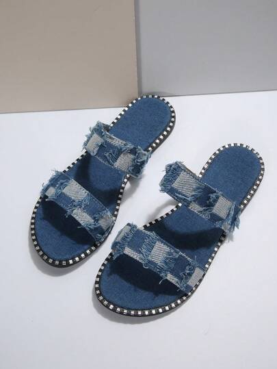 نساء نعل مسطح شبشب دائري الأصبع من النسيج بحواف مطاطية بكعب مسطح لارتداء عارض على الشاطئ لصيف 2024