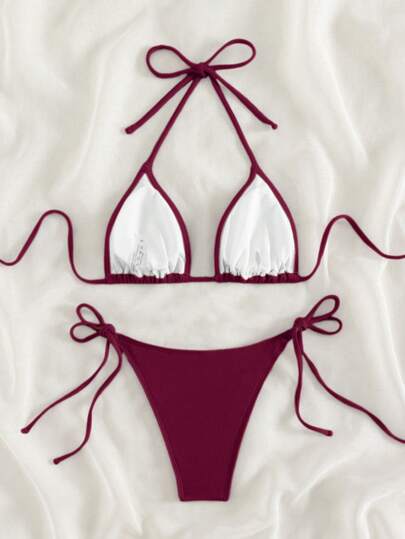 SHEIN Swim مجموعة بيكيني عنق السترة اللون الصلب، ملابس السباحة الشاطئية الصيفية، ملابس السباحة بالوتيرة، صدرية السباحة، الصيف