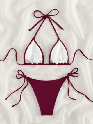 SHEIN Swim مجموعة بيكيني عنق السترة اللون الصلب، ملابس السباحة الشاطئية الصيفية، ملابس السباحة بالوتيرة، صدرية السباحة، الصيف