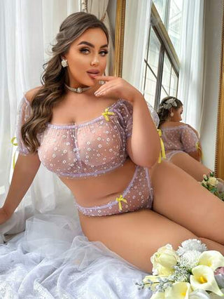 Pure Desire موسم الزفاف قميص داخلي قصير الأكمام بالأزهار والشبكة خارج الكتفين للسيدات ذوات المقاسات الكبيرة الجذاب