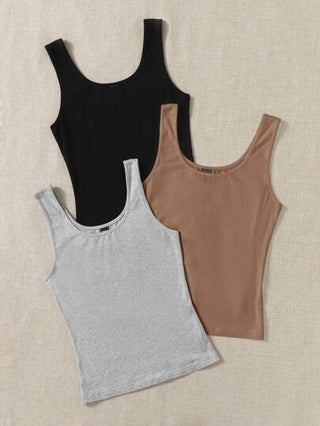 EZwear سترة بدون أكمام بيضاء ذات ياقة دائرية بلون سادة مجموعة من 3 , ملابس علوية سهرة