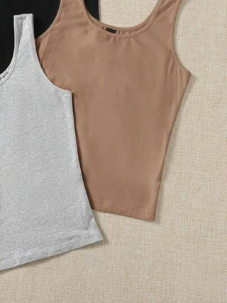 EZwear سترة بدون أكمام بيضاء ذات ياقة دائرية بلون سادة مجموعة من 3 , ملابس علوية سهرة