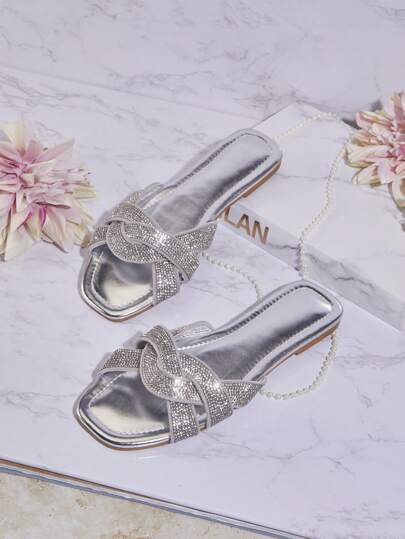 SHUZIA صنادل نسائية مسطحة مزينة بالراينستون