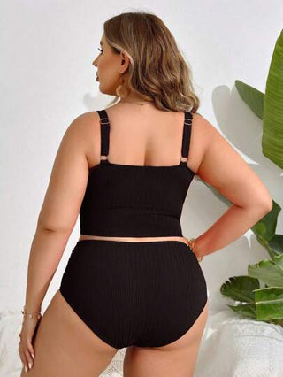 Swim Lushoire حمالة صدر تانكيني ذاتي الربط بالرقبة و قطعة سفلية بدون ظهر، ثوب سباحة كبير المقاس ناعم وغير لامع بلون واحد للنساء