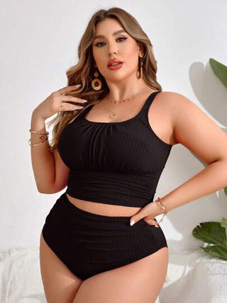 Swim Lushoire حمالة صدر تانكيني ذاتي الربط بالرقبة و قطعة سفلية بدون ظهر، ثوب سباحة كبير المقاس ناعم وغير لامع بلون واحد للنساء