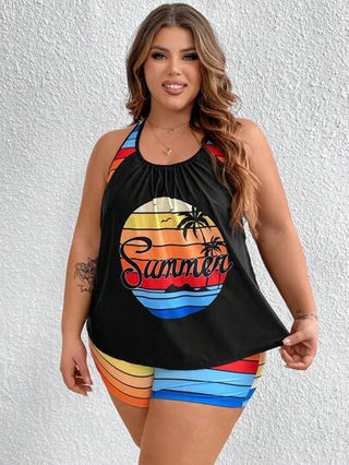 SHEIN CURVE+ مجموعة تانكيني بطبعة نخيل وحروف للشاطئ في فصل الصيف، مقاس زائد