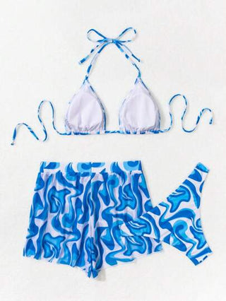 Swim Vcay طقم بكيني بفصالة عنق حللي مطبوع بالكامل للشاطئ الصيفي، طقم من 3 قطع