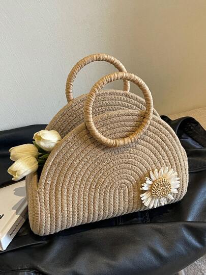 حقيبة قش نصف دائرية ، سلة منسوجة مقبضها دائري مزينة بزهور الحوليات ، حقيبة كروس سفر بوهيمية ، حقيبة يد أنيقة صلبة للنساء للصيف ، سلة للنزهات والمناسبات الخارجية ، هدية مثالية ، تخزين وديكور غرفة المعيشة ، إكسسوارات صيفية للنساء ، حقائب للنساء للأيام الشاط