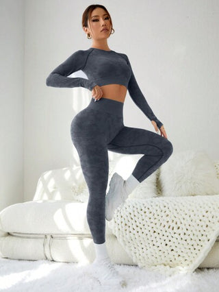 Seamluxe SHEIN Sport طقم بلوزة وجينز متكامل مطاطي مرن بفتحات لإبهام اليد للرياضة والتمارين للنساء