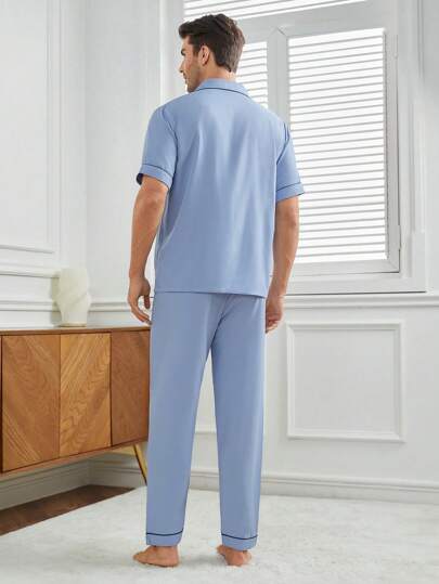 طقم ملابس منزلية رجالي قصيرة الأكمام وبنطلون طويل أزرق