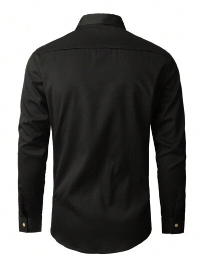 Manfinity Homme قميص رجالي بلون أحادي ذو أزرار مزدوجة، بأكمام طويلة وياقة كاجوال، للعمل والأعمال التجارية