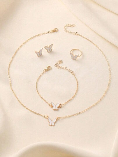 عقد ،أقراط، خاتم وسوار بتصميم الفراشة السوداء بالتنقيط الزيتي الأنيق بأسلوب أوروبي وأمريكي 4 قطع/مجموعة