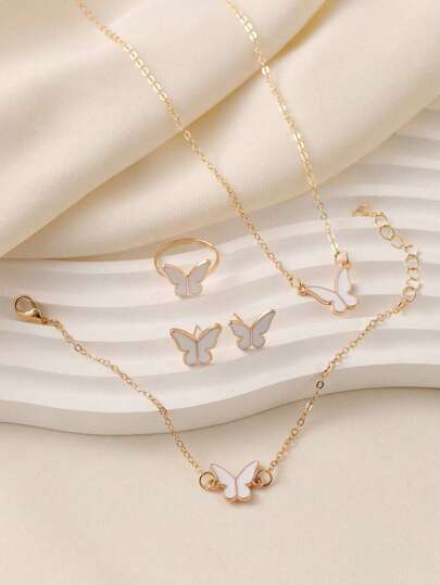 عقد ،أقراط، خاتم وسوار بتصميم الفراشة السوداء بالتنقيط الزيتي الأنيق بأسلوب أوروبي وأمريكي 4 قطع/مجموعة