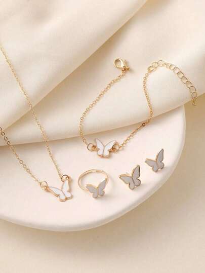 عقد ،أقراط، خاتم وسوار بتصميم الفراشة السوداء بالتنقيط الزيتي الأنيق بأسلوب أوروبي وأمريكي 4 قطع/مجموعة