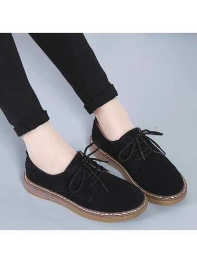 حذاء بكعب مسطح للنساء، حذاء مدرسي منخفض القَص،رباط أحذية الشكل الكامل نسائي بلون صلب،أحذية كلية مريحة