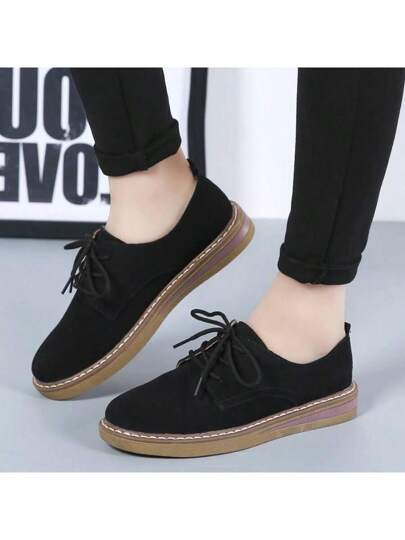 حذاء بكعب مسطح للنساء، حذاء مدرسي منخفض القَص،رباط أحذية الشكل الكامل نسائي بلون صلب،أحذية كلية مريحة