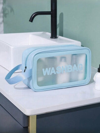 حقيبة تجميل شفافة زرقاء كبيرة الحجم بطباعة حرفية ومقبض