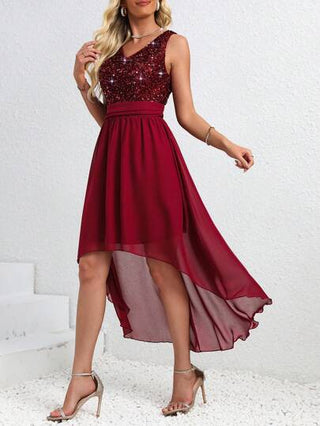 Allurite فستان نسائي بياقة على شكل V بدون أكمام وخصر غير متماثل متطاير مزخرف بالترتر، فستان نصف رسمي بطول الكاحل لون أحمر داكن لإطلالة نسائية