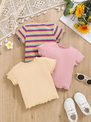 SHEIN ثلاث ملابس صيفية للرضيعة , قمم بأكمام قصيرة مخططة ومطبوع عليها زهور