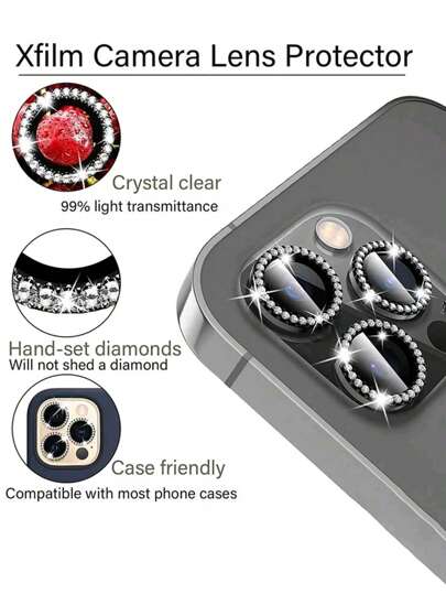 3 قطع واقي عدسة كاميرا متوافق مع هاتف iPhone، مزود بحلقة من المعدن اللامع والأحجار الكريمة، بغشاء مقاوم للخدش بصلادة 9H، إكسسوار موضة، غطاء واقي سهل الاستخدام