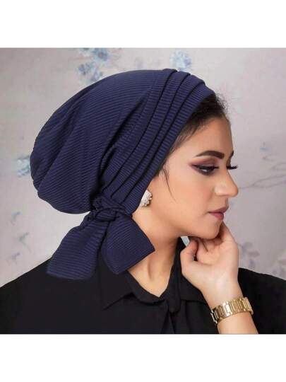 قبعة شعر بذيل طويل و بتصميم مخطط حلزوني من موحد اللون، 4 طيات أفقية و 2 طيات جانبية لمرضى السرطان و النساء، بونيه توربان