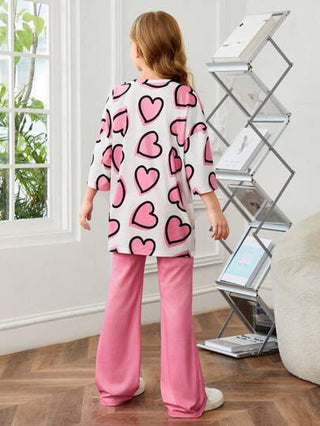 girls-sets تي شيرت قصير بأكمام واسعة ونقشة قلب و بنطلون واسع بلون واحد للفتاة المراهقة مجموعة 2 قطعة من الصوف المحبوك