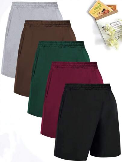 5 قطع شورتات رجالي كاجوال ذات خصر بحبل ، ملابس رياضية وشاطئية ، لون أحادي مميز، قماش قابل للتنفس ومقاوم للكرمشة ، مع جيوب ، خفيف الوزن للاستخدام الخارجي في الصيف