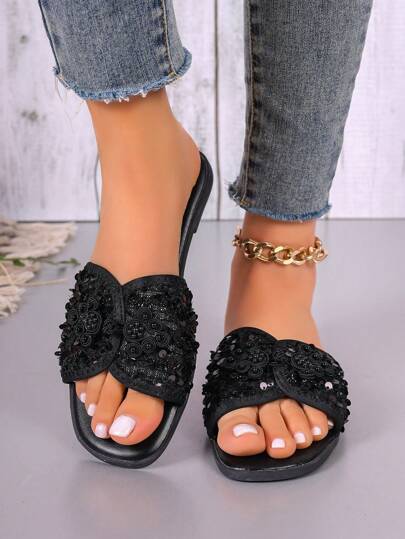 حذاء نسائي للصيف، صندل باللؤلؤ من الأمام, شبشب شاطئ صيفي، مريح وخفيف بكعب أسفل مسطّح، جذاب وأنيق