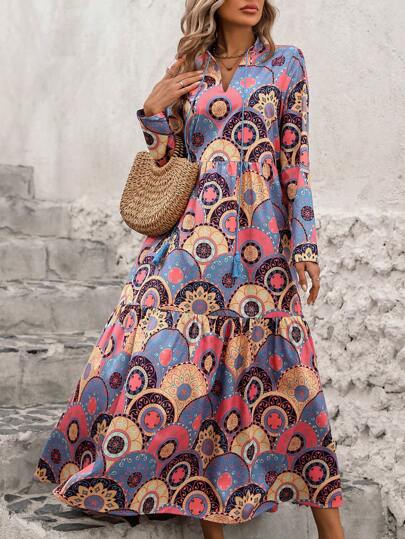 LUNE فستان ماكسي طويل الأكمام مطبوع بالكامل مع طوق مربوط للنساء