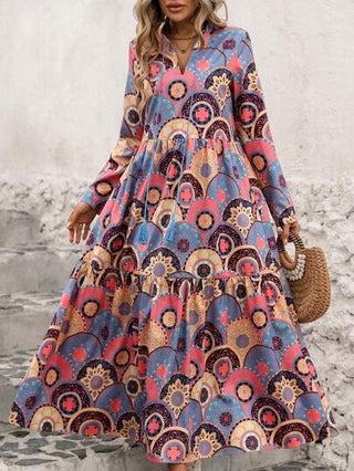 LUNE فستان ماكسي طويل الأكمام مطبوع بالكامل مع طوق مربوط للنساء