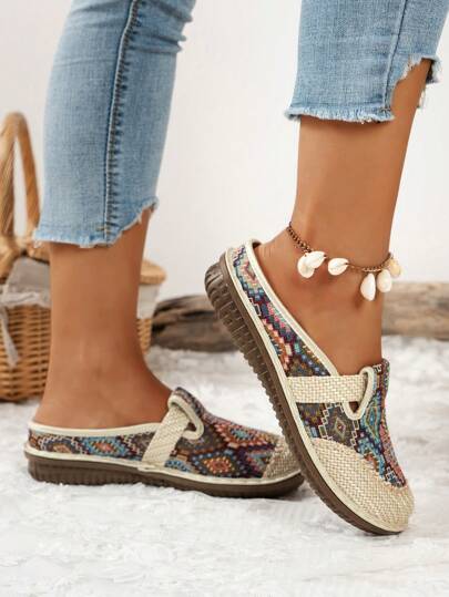 حذاء نسائي ذو إصبع مغلق هندسي المنحى ، حذاء شبشب بدون كعب مستدير الأصابع ذو نعل مضاد للانزلاق بطراز بوهيمي للارتداء اليومي