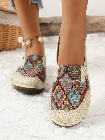 حذاء نسائي ذو إصبع مغلق هندسي المنحى ، حذاء شبشب بدون كعب مستدير الأصابع ذو نعل مضاد للانزلاق بطراز بوهيمي للارتداء اليومي