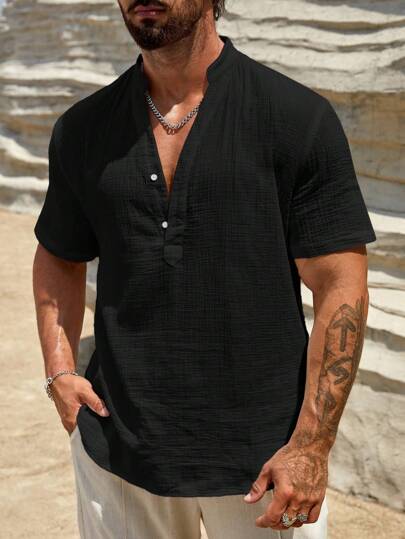 HIMLAND قميص رجالي بتصميم فضفاض نصف كامل ولون سادة