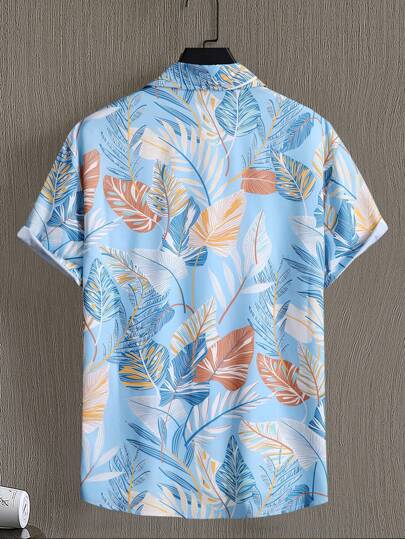 Manfinity RSRT قميص كاجوال برقبة قصيرة مطبوع بطبعات ملونة إستوائية، هدية مثالية للصديق