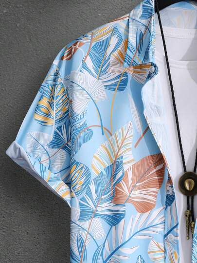 Manfinity RSRT قميص كاجوال برقبة قصيرة مطبوع بطبعات ملونة إستوائية، هدية مثالية للصديق