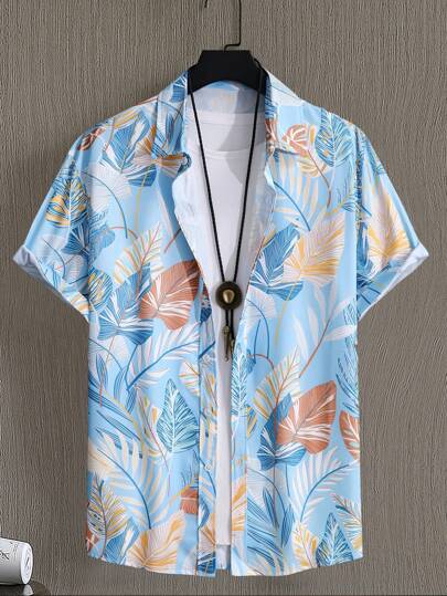 Manfinity RSRT قميص كاجوال برقبة قصيرة مطبوع بطبعات ملونة إستوائية، هدية مثالية للصديق